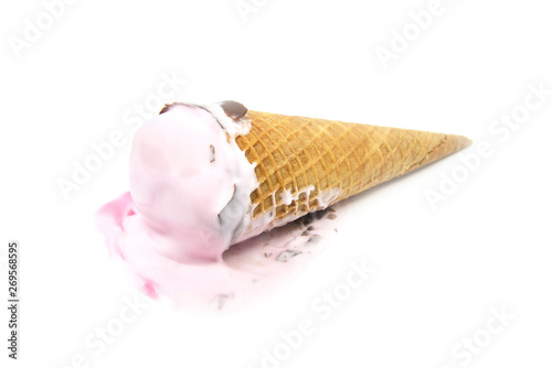 melting ice cream in cone on white