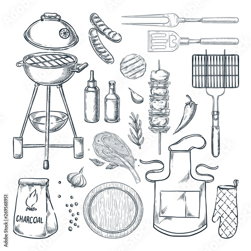 BBQ grill vector sketch illustration. Top view objects set, isolated on white background. Picnic menu design elements.
