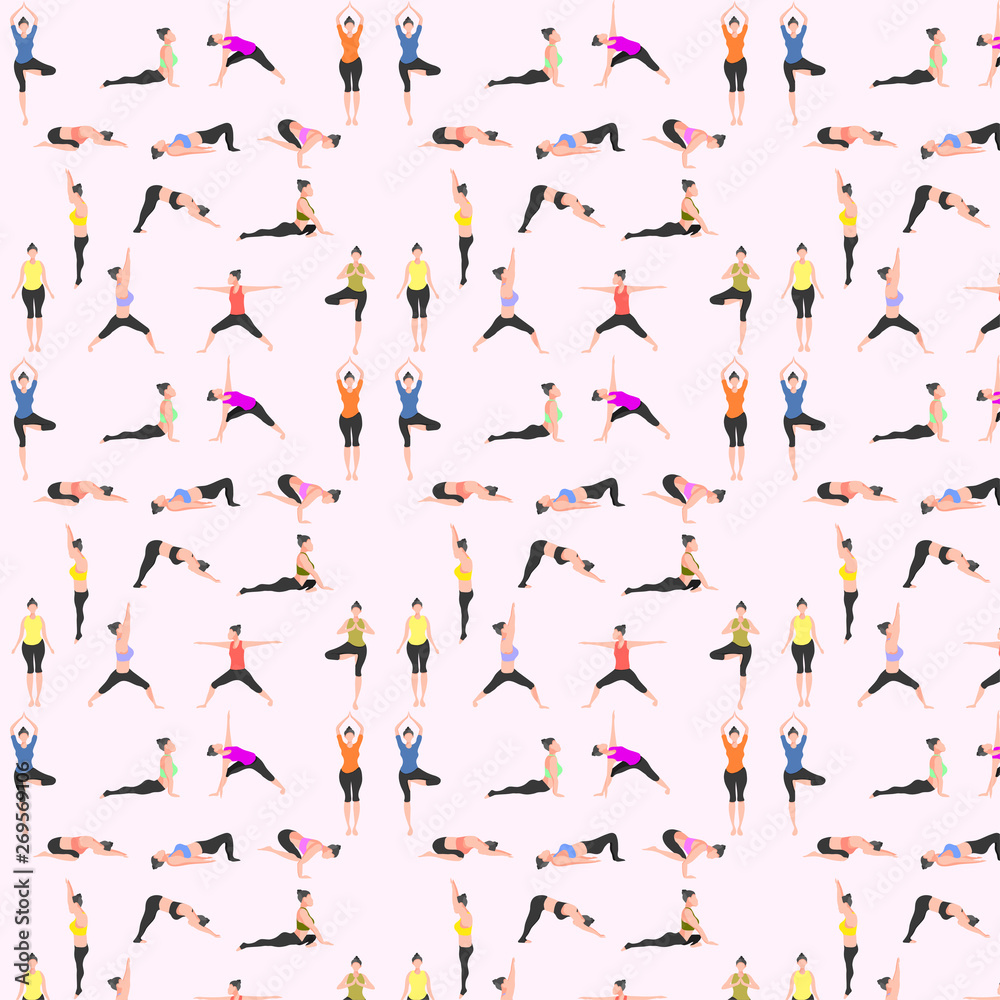 pattern seamless set of yoga. female pose mountain downward dog warrior tree bridge triangle  cobra pigeon crow. vector illustration eps10
