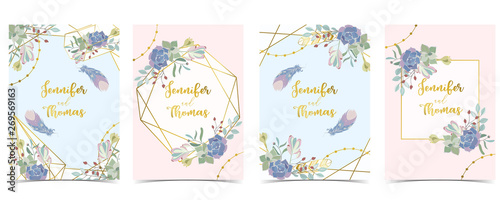 Geometry pink blue gold wedding invitation card with cactus,wreath,feather and frame