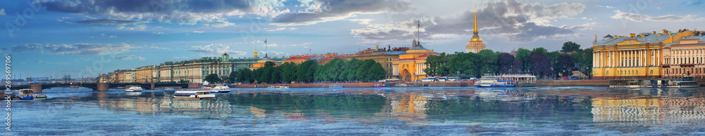 Panorama of Admiralty embankment, Hermitage and Palace bridge in St. Petersburg