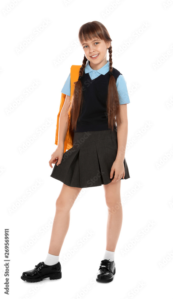 Full length portrait of cute girl in school uniform with backpack on white background Full length portrait of cute girl in school uniform with backpack on white background