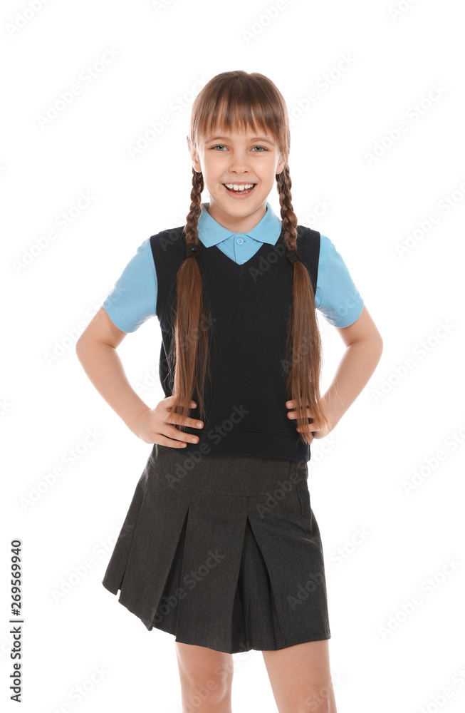 Portrait of cute girl in school uniform on white background Portrait of cute girl in school uniform on white background