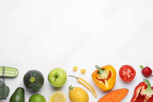 Fototapeta Naklejka Na Ścianę i Meble -  Flat lay composition with fresh ripe vegetables and fruits on white background