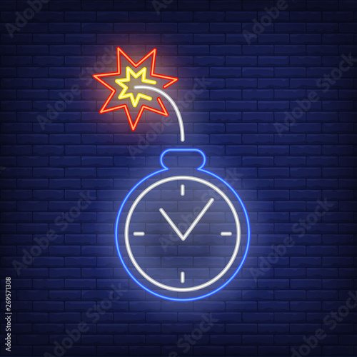 Timing bomb neon sign. Timer connected with burning wick. Glowing banner or billboard elements. Vector illustration in neon style for posters, flyers, signboards