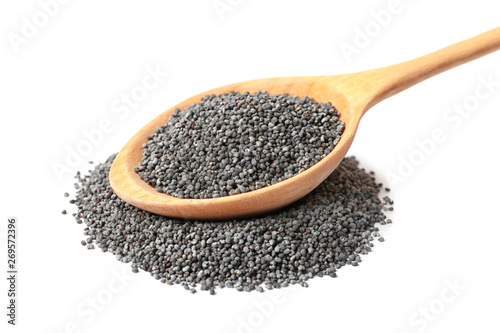 Raw poppy seeds in wooden spoon on white background