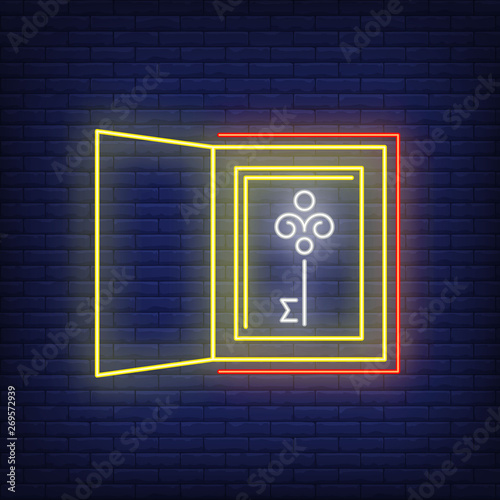 Key in box neon sign on brick wall background. Glowing banner or billboard elements. Vector illustration in neon style for topics like quest, escape room, game