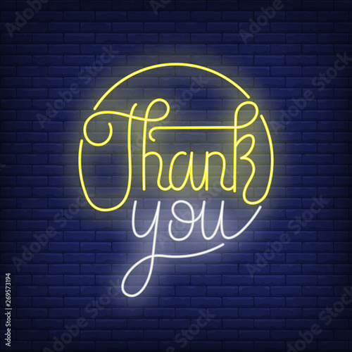 Thank you neon lettering in circle. Thanksgiving day design. Night bright neon sign, colorful billboard, light banner. Vector illustration in neon style.