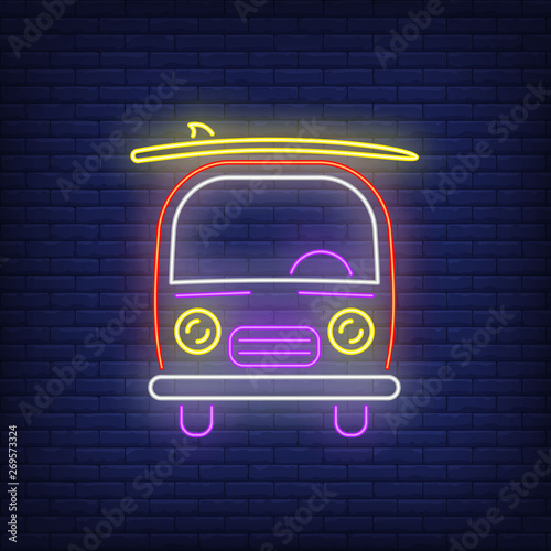 Van with surfboard neon sign. Surfing, extreme sport, tourism design. Night bright neon sign, colorful billboard, light banner. Vector illustration in neon style.