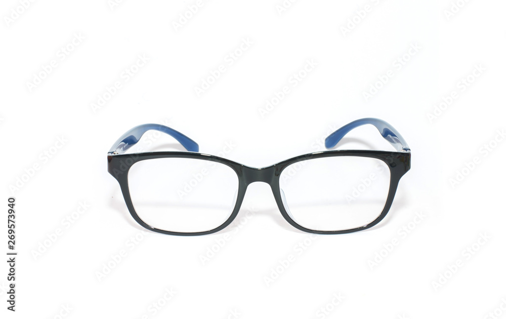 Black glasses, black frame in blue frame Shiny black for visually impaired people, isolated on a white background Black glasses, black frame in blue frame Shiny black for visually impaired people, isolated on a white background