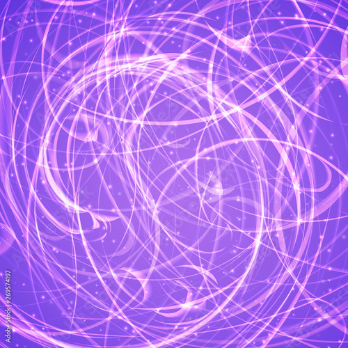 Abstract neon background chaotic curves with glowing particles. Retro 1980 style Synthwave sci-fi backdrop. Purple spiral vector illustration. Easy to edit template for your design.