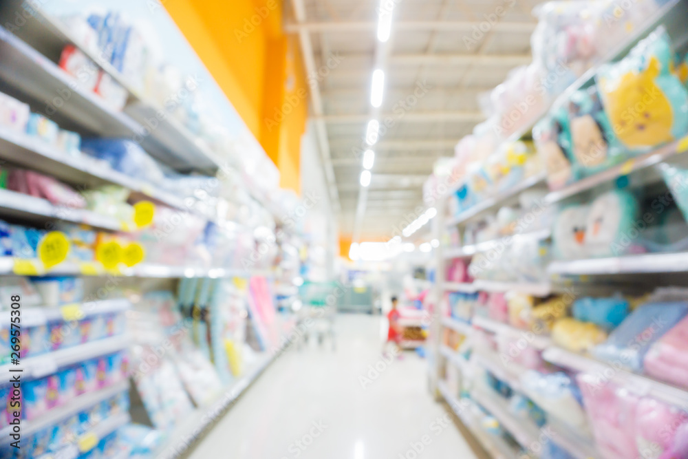 Blurred shelf row in super market view from cart