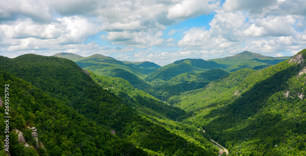 Wide view of the Blue Ridge Mountains, seen from Chimney Rock Mountain in North Carolina