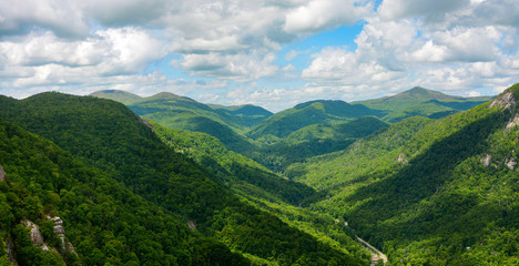Wide view of the Blue Ridge Mountains, seen from Chimney Rock Mountain in North Carolina