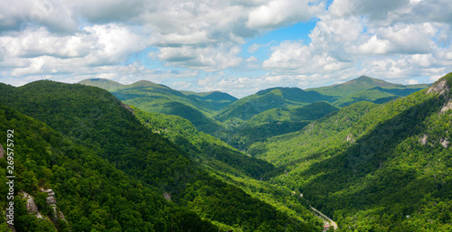 Wide view of the Blue Ridge Mountains, seen from Chimney Rock Mountain in North Carolina