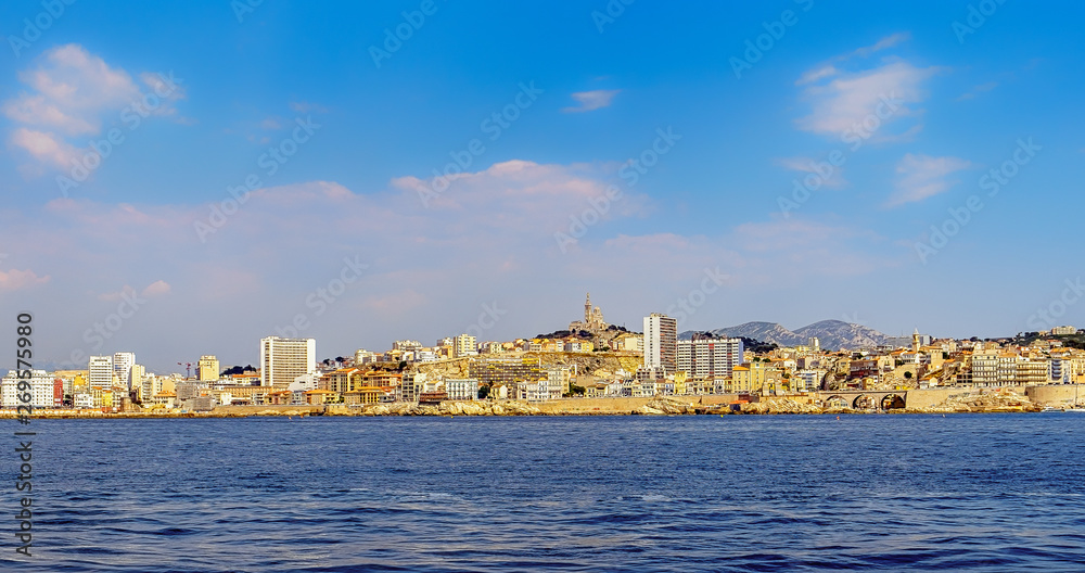 Marseilles coastline in summer seeing from the Mediterranean Sea, France