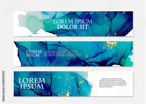 Vector watercolor repetition liquid flow in navy blue colors with gold glitters. Vector contrast alcohol ink grunge abstract background. Benner design template
