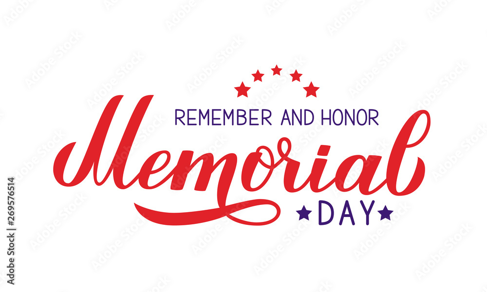 Happy Memorial Day calligraphy lettering isolated on white. American patriotic typography poster. Easy to edit vector template for logo design, banner, greeting card, postcard, flyer, badge, t-shot.