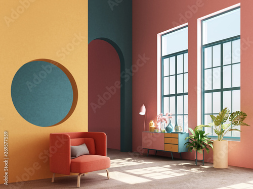 Interior concept of memphis design colorful, Armchair with console and prop. 3d render photo