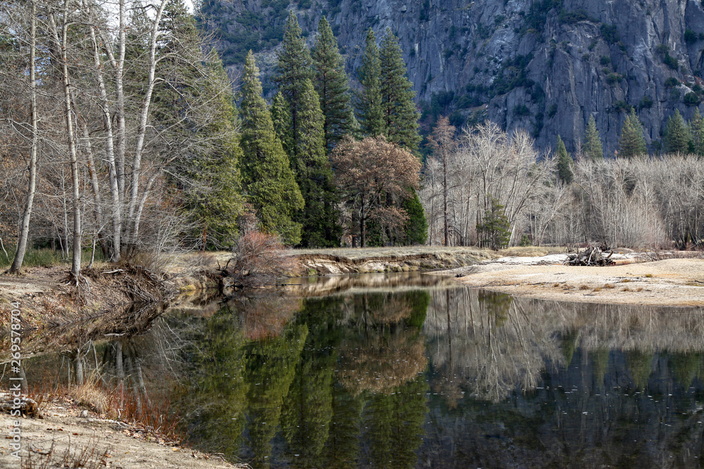 View of reflect water at Yosemite National Park in the winter