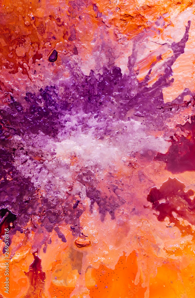 White splotch covering purple orange surface. Rough uneven texture. Abstract acrylic paint background. Modern art decor.