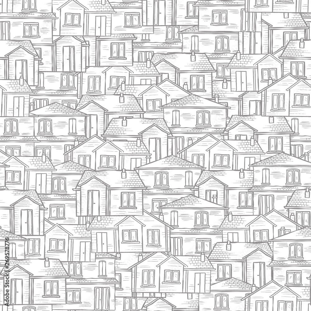 Vector hand drawn town seamless pattern. Houses background ideal for home decor and wallpaper.