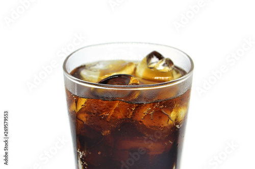 cola in glass with ice on white