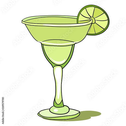 Glass with an alcoholic cocktail, decorated with a slice of lime, color illustration in vector, for the design of cafes and restaurants
