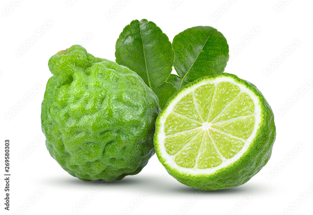 bergamot or kaffir fruit with leaf isolated on white background. full depth of field bergamot or kaffir fruit with leaf isolated on white background. full depth of field