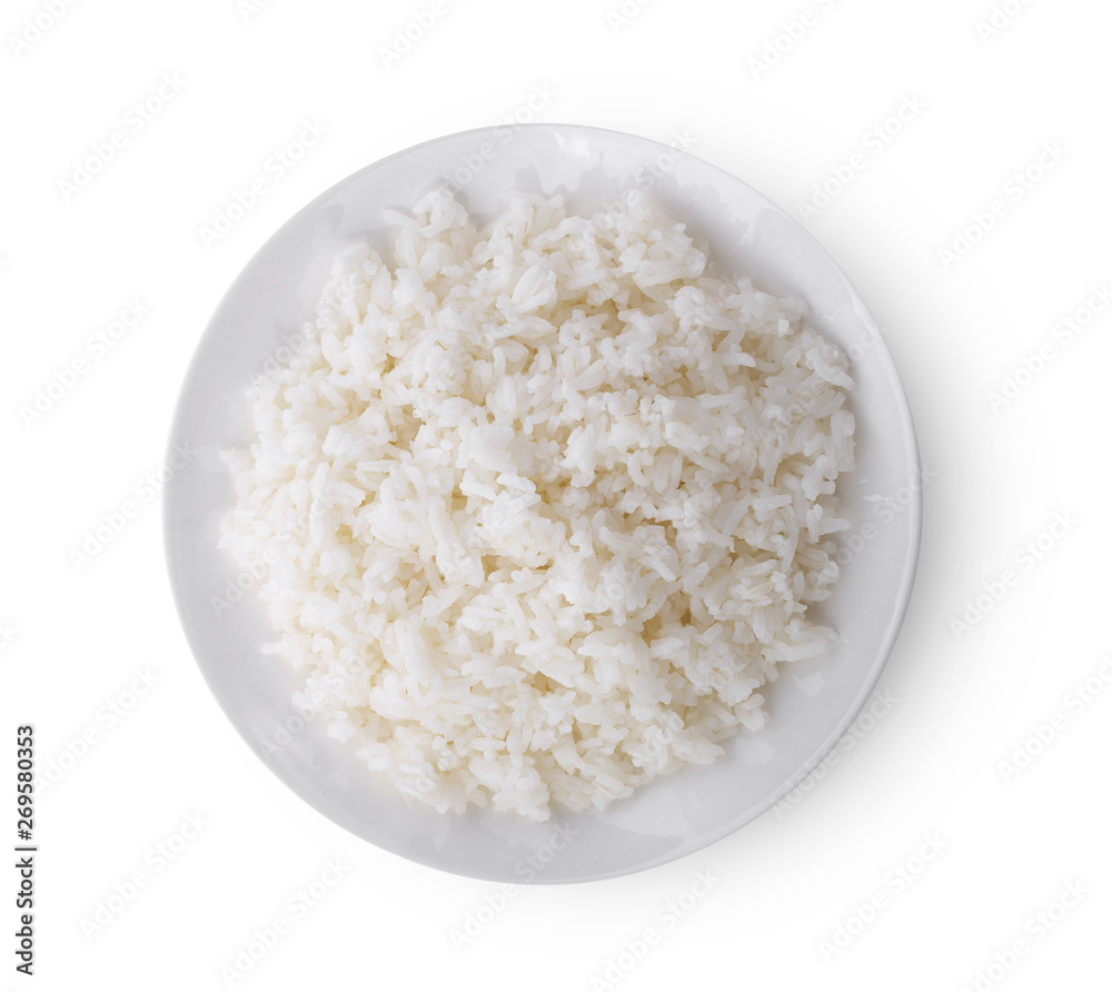jasmine rice in white plate on white background. top view jasmine rice in white plate on white background. top view
