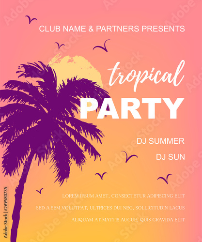 Summer background with palm tree and sun. Tropical party poster. Place for your text. Vector illustration for party, invitation, flyer, poster, banner, web. Hand drawn style travel concept.