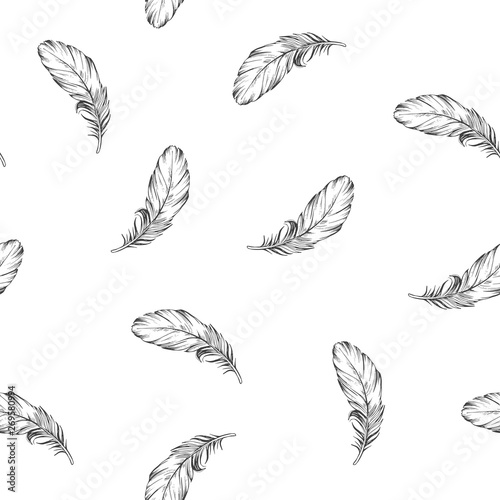 Seamless pattern with grey outline of bird feathers. Hand drawn vector illustration