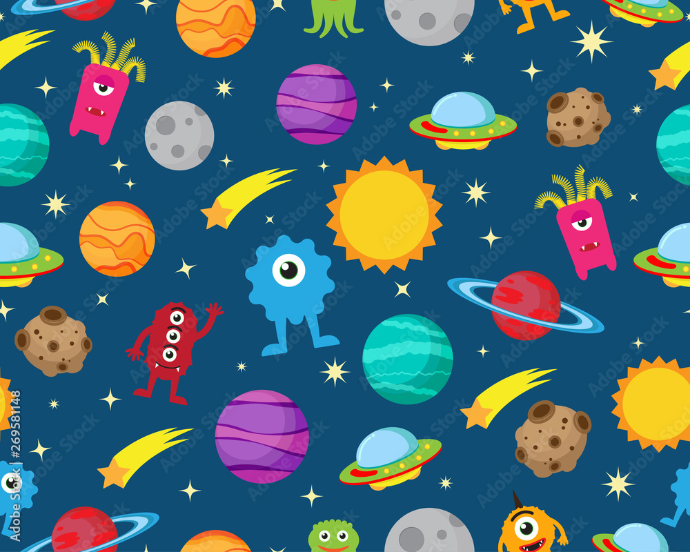 Seamless pattern of alien with ufo and planet in space galaxy background - Vector illustration