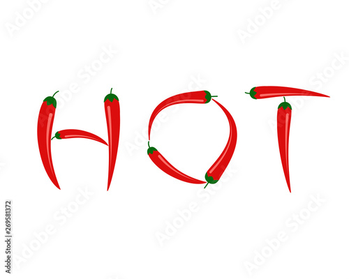 Vector illustration of red chili peppers in 'HOT' text isolated on white background