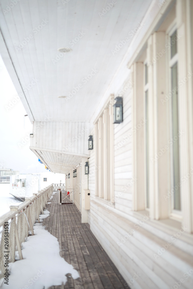 the deck of the ship in the winter the view from the street, painted white, vintage the deck of the ship in the winter the view from the street, painted white, vintage