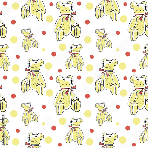 Teddy bear pattern. Cartoon bears on white backdrop. Hand Drawn doodle toy bears. Seamless wallpaper.