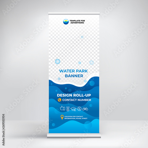 Banner roll-up for water Park, creative concept for presentations and advertising, template for posting photos and text. Modern blue background with sea waves