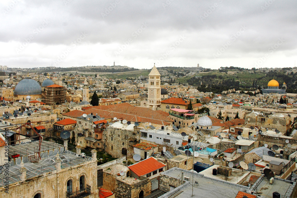 Panorama of Jerusalem: Dome of the Rock, Church of the Redeemer, Domes of the Church of the Holy Sepulchre, Hebrew University