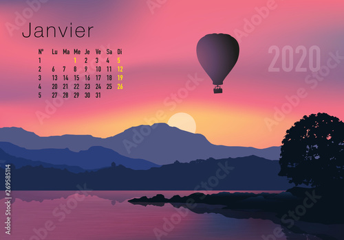 Calendrier 2020 prêt à imprimer en version française, composé d’une page pour chaque mois et d’une page de couverture. Ici le mois de janvier. Il illustre le calme et la liberté avec des paysages natu