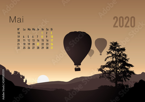 Calendrier 2020 prêt à imprimer en version française, composé d’une page pour chaque mois et d’une page de couverture. Ici le mois de mai. Il illustre le calme et la liberté avec des paysages naturels