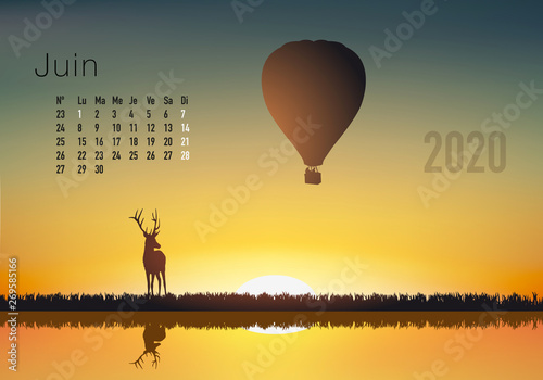 Calendrier 2020 prêt à imprimer en version française, composé d’une page pour chaque mois et d’une page de couverture. Ici le mois de juin. Il illustre le calme et la liberté avec des paysages naturel