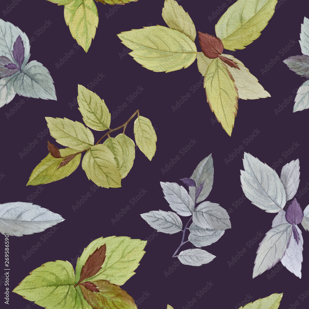 Seamless watercolor pattern. Drawn leaves for packaging, wallpaper, fabric. Design element. Watercolor painted leaves. Elegant leaves for art design.
