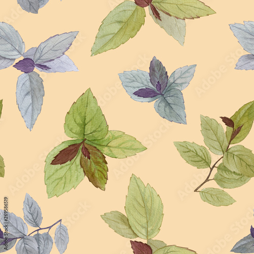 Seamless watercolor pattern. Drawn leaves for packaging, wallpaper, fabric. Design element. Watercolor painted leaves. Elegant leaves for art design. © Sergei