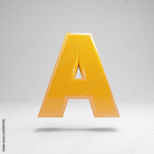 Glossy yellow uppercase letter A isolated on white background.