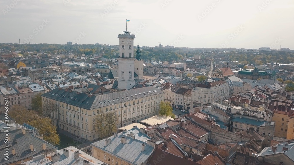 Aerial City Lviv, Ukraine. European City. Popular areas of the city. Town Hall