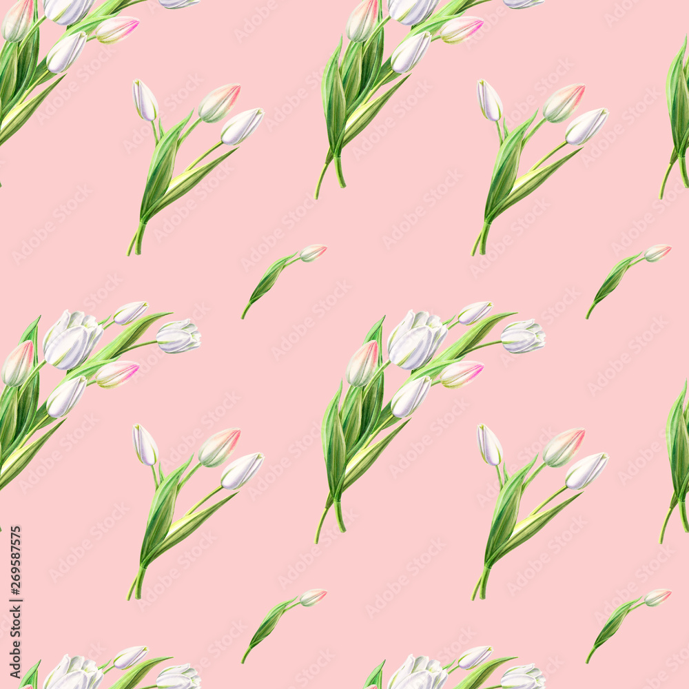 Seamless pattern from beautiful white tulips. Floral collection. Marker drawing. Watercolor painting. Floral composition of design elements. Greeting card. Painted background. Hand drawn illustration.
