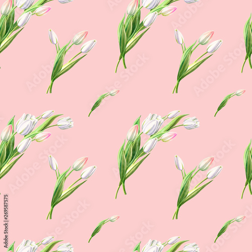 Seamless pattern from beautiful white tulips. Floral collection. Marker drawing. Watercolor painting. Floral composition of design elements. Greeting card. Painted background. Hand drawn illustration.