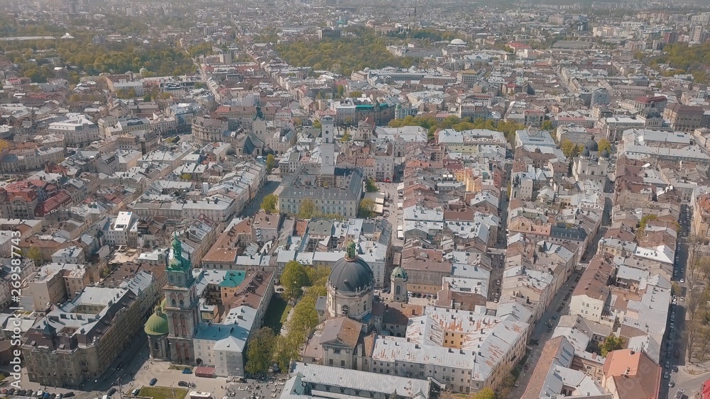 Lvov, Ukraine. Aerial City Lviv, Ukraine. Panorama of the old town. Dominican