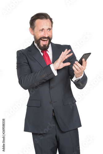 Screaming entrepreneur expressing fear while reading messages from his business partner