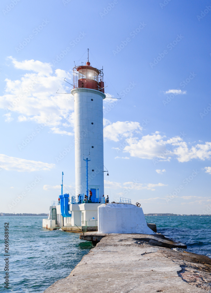 White beacon lantern lighthouse in the Black Sea port of Odessa, Ukraine